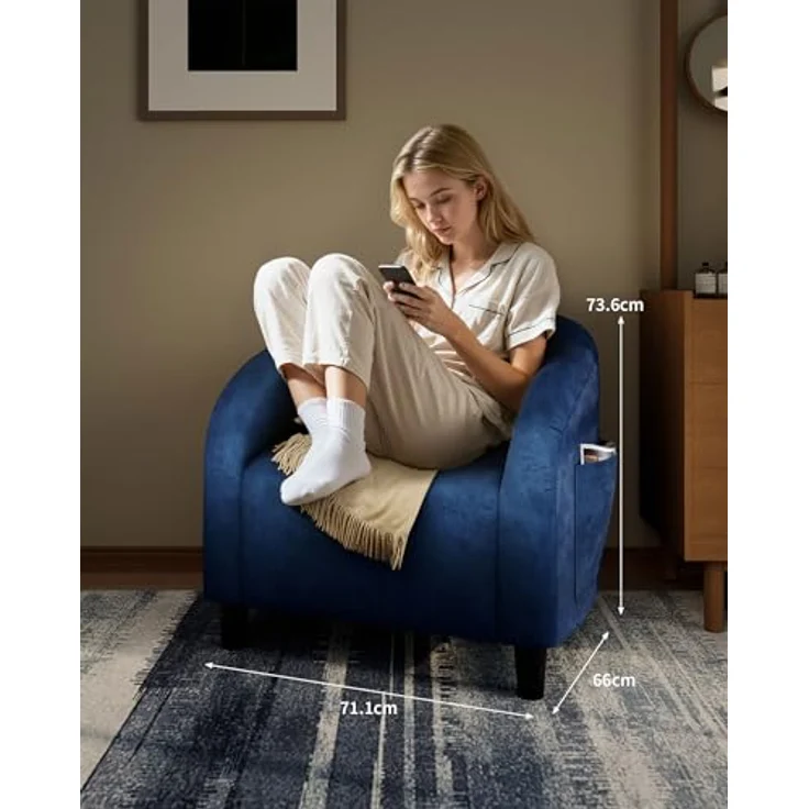 GarveeHome Sessel Wohnzimmer Loungesessel Relaxsessel, Lesesessel mit Leinenoptik, Polstersessel für Schlafzimmer，Akzentstuhl mit Samtstoff (Blau) – Bild 3