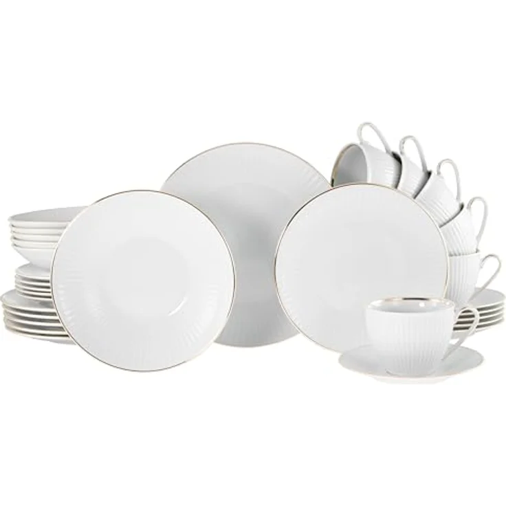 Creatable Kombiservice Valencia, 30-teiliges Geschirr Set aus handbemalter Keramik, Weiß und Gold, lebensmittelecht, stapelbar, 200 ml – Bild 1