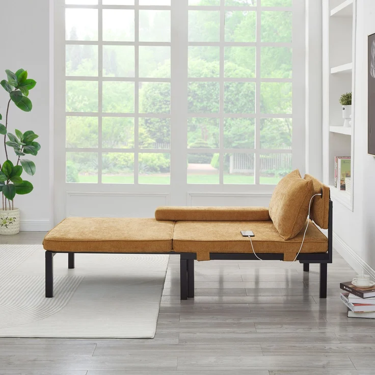 Wohnora 2-in-1-Klappschlafsofa mit Schlaffunktion und USB-/USB-C-Anschlüssen, ausziehbarer Sessel mit Kissen, platzsparendes Gästebett für Wohnzimmer, Schlafzimmer, Arbeitszimmer, Balkon, Dachboden, kleine Wohnung – Gelb, H 79 cm x T 176 cm x B 82 cm – Bild 3