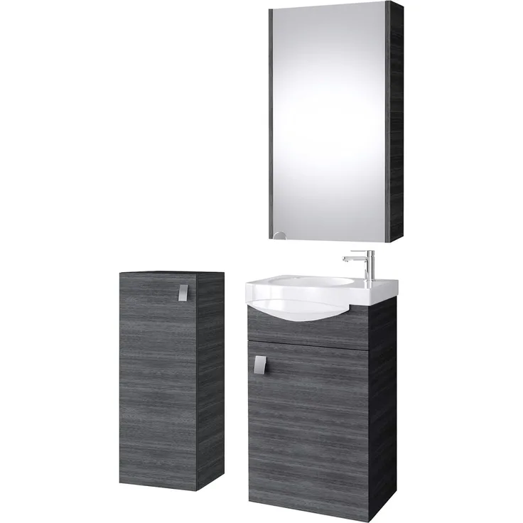 Planetmöbel Badset komplett aus Unterschrank 40cm mit Waschbecken, Spiegelschrank und 1x Midischrank in Anthrazit, Komplettset für Badezimmer 4-teilig
