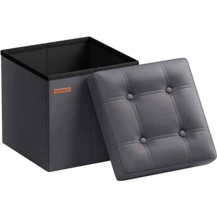 SONGMICS Sitzhocker 38 cm, Aufbewahrungsbox faltbar, Fußhocker mit Deckel, aus Kunstleder, bis 300 kg belastbar, für Eingang, Wohnzimmer, Schlafzimmer, schiefergrau LSF030G11 – Bild 2