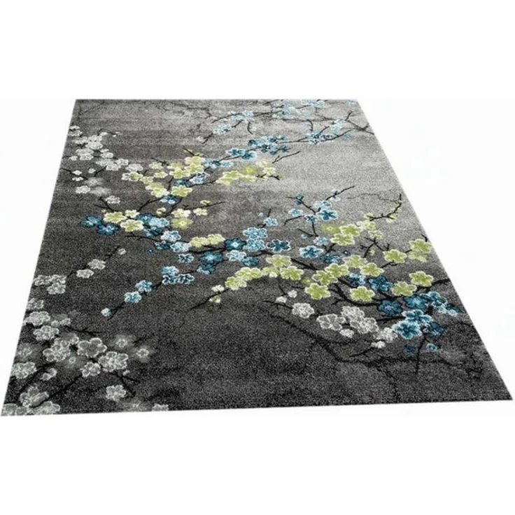 Carpetia Teppich Designer Teppich Kurzflor Wohnzimmerteppich Blumen grau türkis blau, rechteckig, Höhe: 13 mm – Bild 4