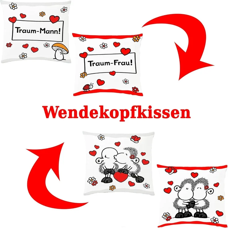 JACK Partnerbettwäsche JACK Renforcé Bettwäsche sheepworld Traum Mann & Frau 135x200cm 4 tlg, Renforcé, 4 teilig, Partner-Wendebettwäsche mit witzigem Schaf und Herzen, Reißverschluss – Bild 2