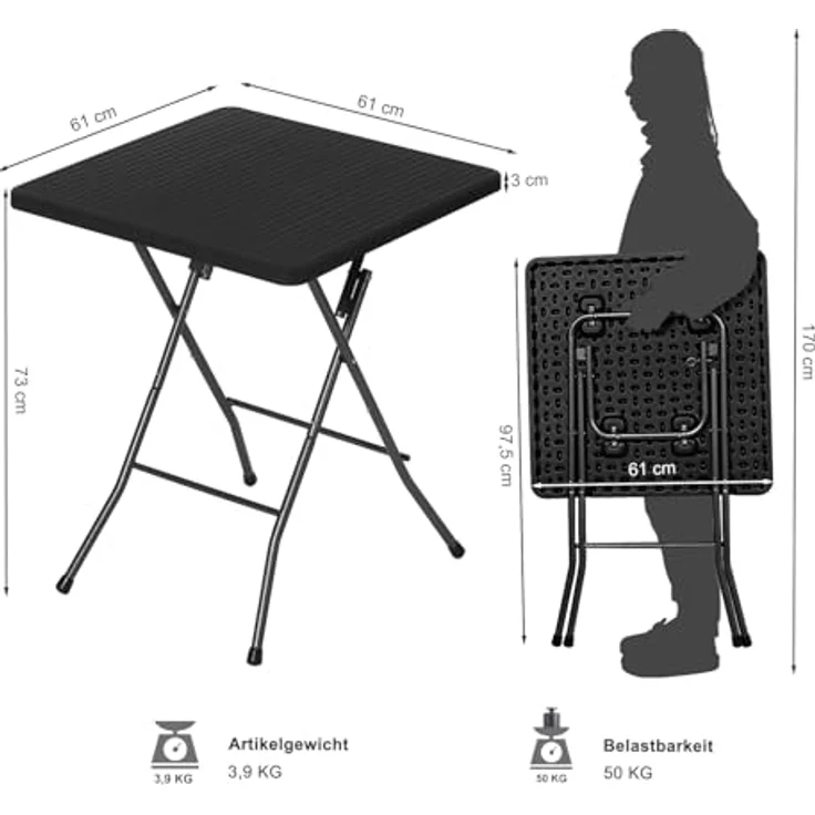 eSituro Klapptisch Gartentisch, Beistelltisch Outdoor, klappbarer Balkontisch Campingtisch Bistrotisch, quadratische Tischplatte in Rattanoptik, Schwarz, 61 x 73 x 61 cm SCPT0039 – Bild 4