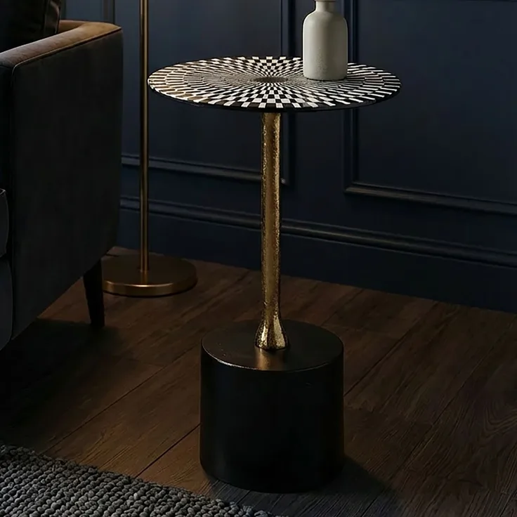 FineBuy Beistelltisch Aluminium 49cm Op-Art-Muster - Kleiner runder Anstelltisch aus Metall - Design Wohnzimmertisch - Dekotisch - Couchtisch - Metalltisch Handmade pflegeleicht