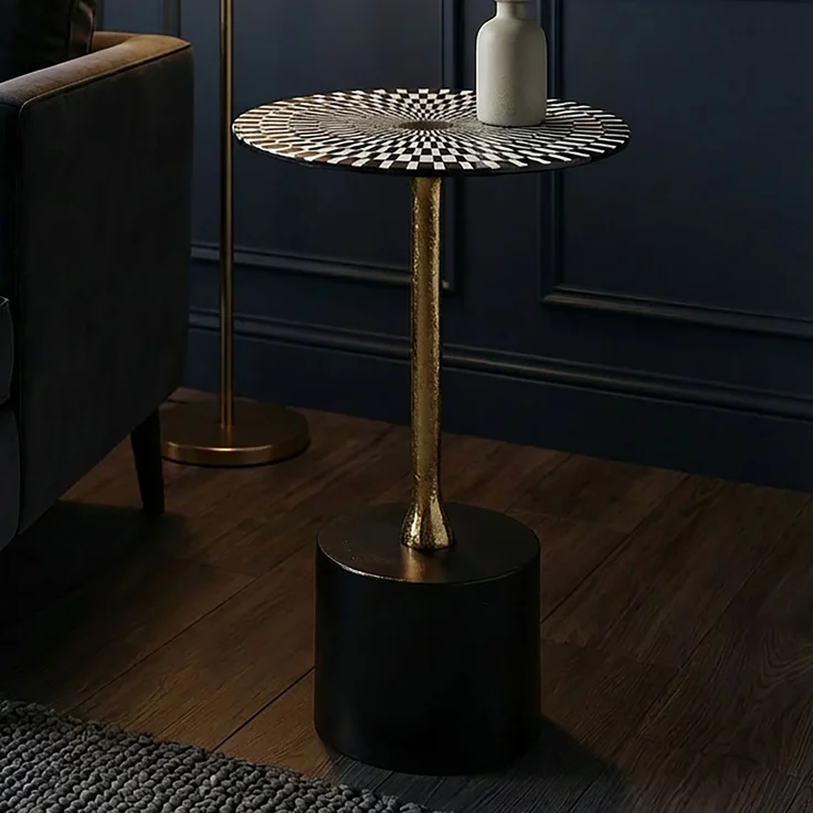FineBuy Beistelltisch Aluminium 49cm Op-Art-Muster - Kleiner runder Anstelltisch aus Metall - Design Wohnzimmertisch - Dekotisch - Couchtisch - Metalltisch Handmade pflegeleicht – Bild 1