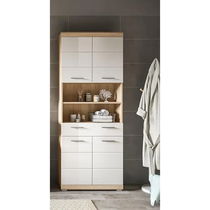 Xonox Lambada Hochschrank (B/H/T: 74x191x31 cm) in weiß Hochglanz und Sonoma Eiche hell – Bild 7