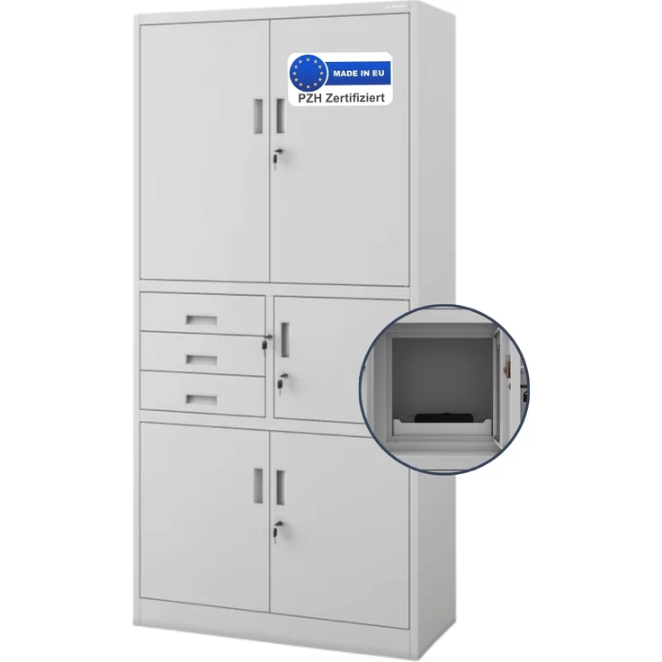 Aktenschrank abschließbar GEDO - mit Tresor & Schubladen| Büroschrank aus Stahl Metallschrank Werkstatt Mehrzweckschrank Werkzeugschrank, 185x90x40cm Grau – Bild 1