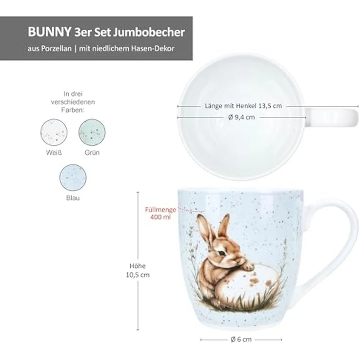 Ritzenhoff & Breker Becher Ritzenhoff 3er Set Jumbobecher Bunny 400ml Hase Ostern Weiß Grün Blau, Porzellan – Bild 6