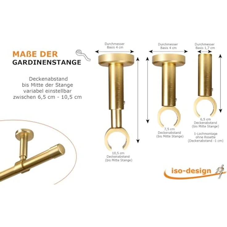 iso-design Gardinenstange Set zur Montage an der Decke mit 20 mm Durchmesser 1-läufig, Ø 20 mm, 1-läufig, Deckenmontage, geschraubt, Aluminium, Variabler Deckenabstand – Bild 7