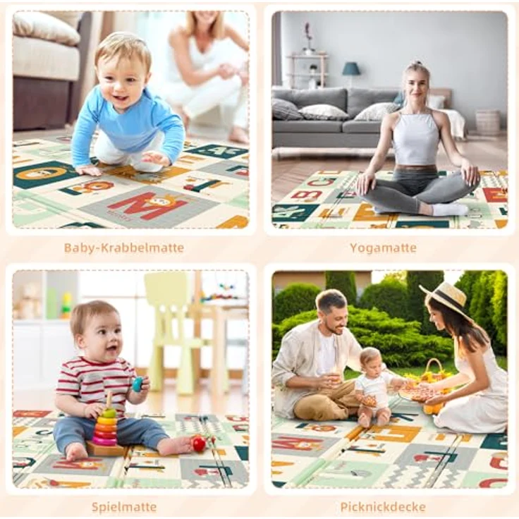 Dripex Krabbelmatte Baby Faltbar 200x180x1.5 CM Kinder Spielmatte BPA-frei | Groß Spieldecke Rutschfeste Krabbeldecke Wendbar Tragbar & Wasserdicht für Kinderzimmer Wohnzimmer (ab 0 Monate) – Bild 9