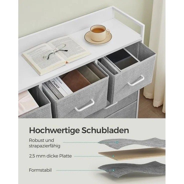 Songmics Kommode mit 7 Stoffschubladen, Holz / Metall taubengrau-wolkenweiß, 98 x 28,5 x 85 (BxTxH) cm – Bild 4