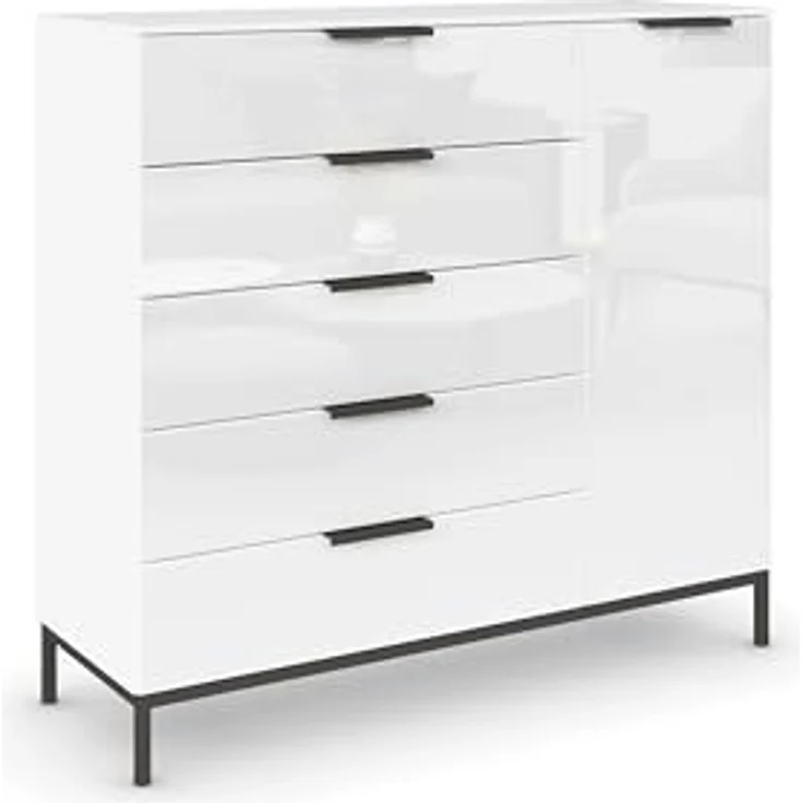 Rauch Möbel Flipp, Kommode mit Stauraum für Wohnzimmer, Schlafzimmer, 2 Fachböden, mit Metallkufe graphit, Alpinweiß/Glasfront Weiß, 1-türig, 5 Schubkästen, Griffe graphit, 120 x 111 x 42 cm – Bild 2