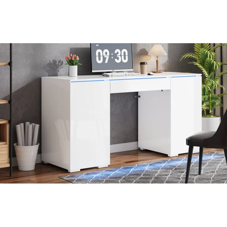 ZUBALIYA 140x50cm großer Schreibtisch in Hochglanz, mit LED-Beleuchtung, 1 Schublade und 2 Türen, moderner Computertisch mit extra großer Arbeitsfläche, Schminktisch mit Stauraum, in Weiß-Hochglanz – Bild 14