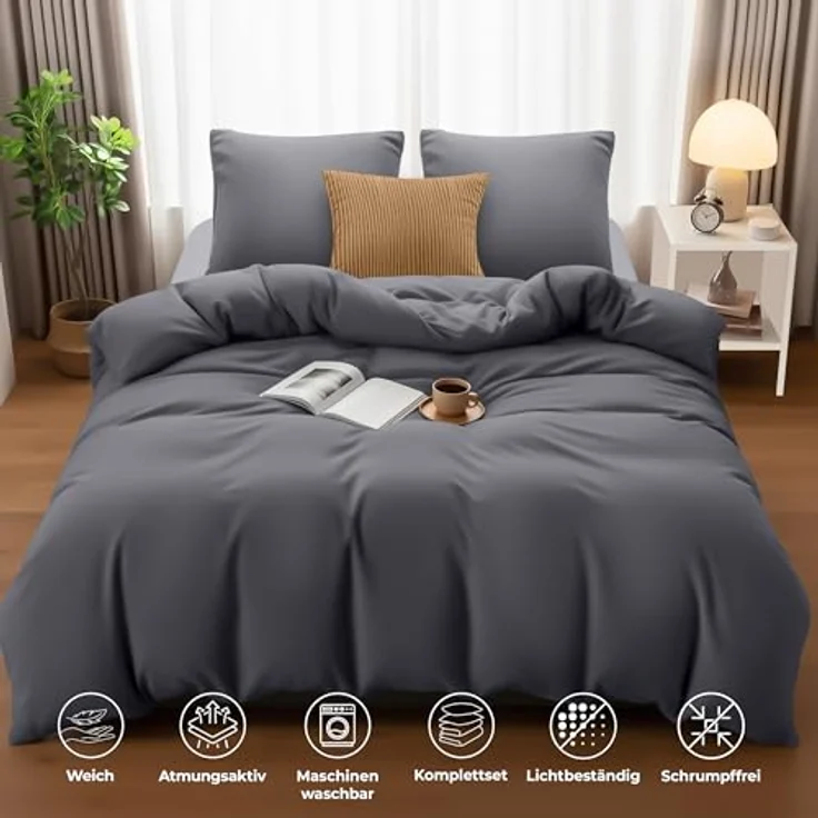 Utopia Bedding Bettwäsche 220x240 Set - Mikrofaser Bettbezug 240x220 cm + 2 Kissenbezüge 80x80 cm - Grau – Bild 6