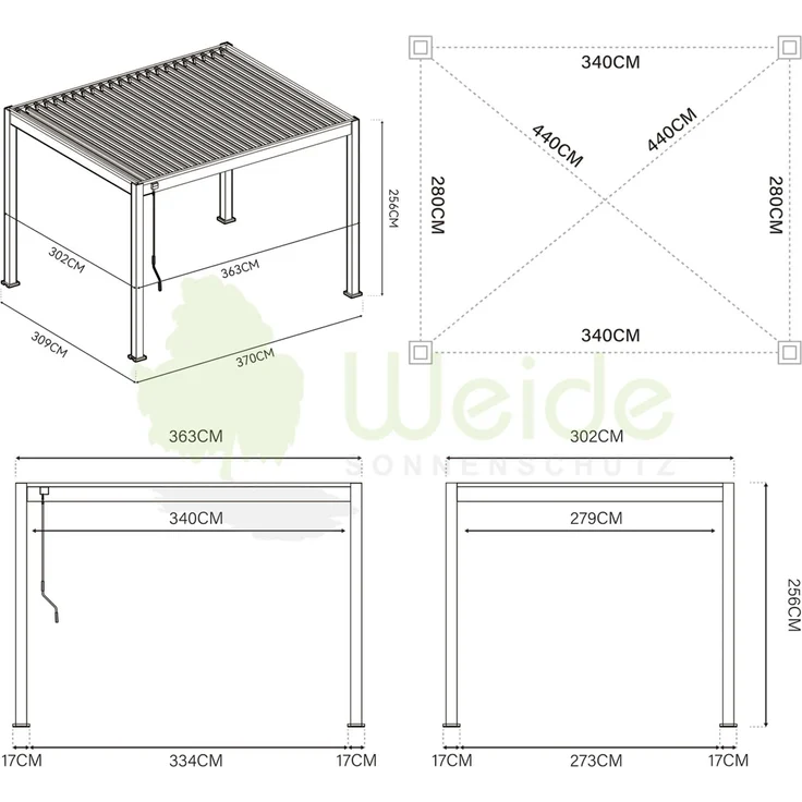 Weide 'Classic' Pergola, freistehend, Aluminium / Stahl weiß, 360 x 300 x 255 cm – Bild 6