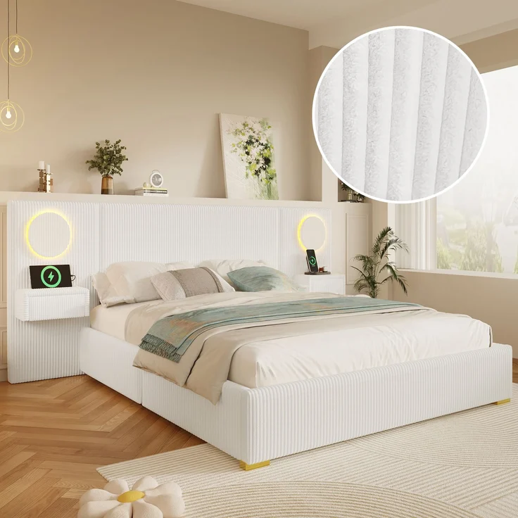U-life Samtstoff Polsterbett 180x200 cm, fürs Schlafzimmer, USB-Anschlüssen, Samt, Beige – Bild 1