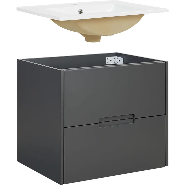 Badmöbel Waschtisch 60 cm Grau Holz Waschbecken mit Unterschrank hängend 2 Schubladen Badezimmer Hängeschrank – Bild 6