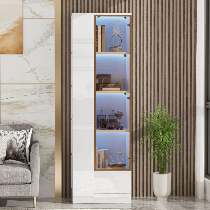Vitrine mit Glastür & LED-Beleuchtung – Hochglanz-Schrank mit Schubladen & offenen Fächern, viel Stauraum für Wohnzimmer & Esszimmer, Weiß, 50x35x160 cm – Bild 3