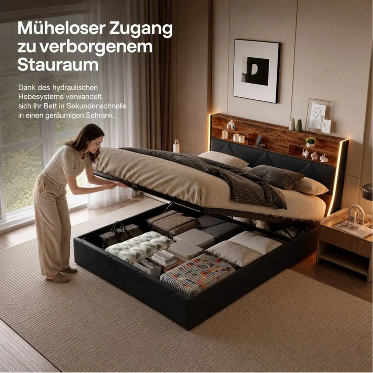 PXloue Polsterbett Stauraumbett Geeignet für kleine Wohnungen (Kopfteil mit 2 USB-Anschlüsse und 1 Typ-C-Ladeport), Hydraulisches Doppelbett, mit LED-Leisten, PU, 160x200 – Bild 3
