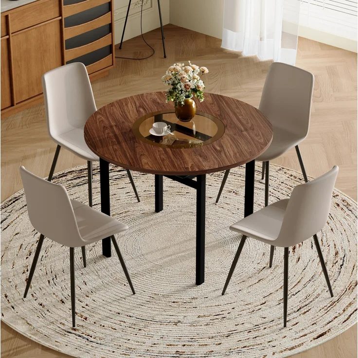Essgruppe mit rundem Tisch Ø 100x76 cm, Glasablage & PU-Stühlen, Braun/Schwarz/Warmgrau