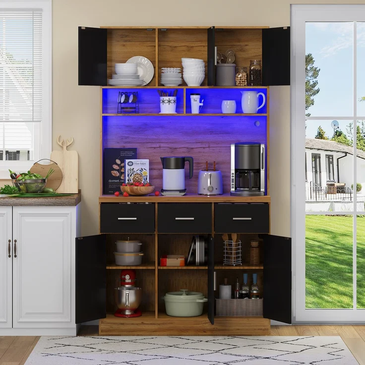 100x40x180cm, multifunktionales Buffet mit LED-Beleuchtung mit APP-Steuerung, Schubladen, verstellbaren Einlegeböden, Kabelführungslöchern und Steckdosen, ideal für Küchen und Esszimmer – Bild 3