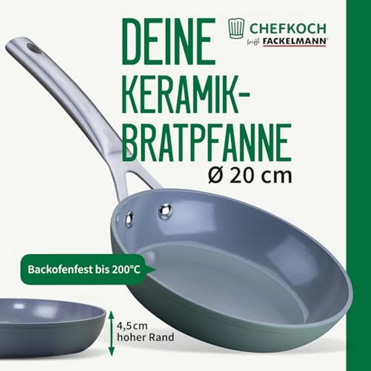 Chefkoch trifft Fackelmann Keramikbratpfanne Stuttgart, 20 cm, Antihaft-Pfanne aus 100% recyceltem Aluminium, mattgrün, bis 200°C backofenfest, PFAS-frei – Bild 2