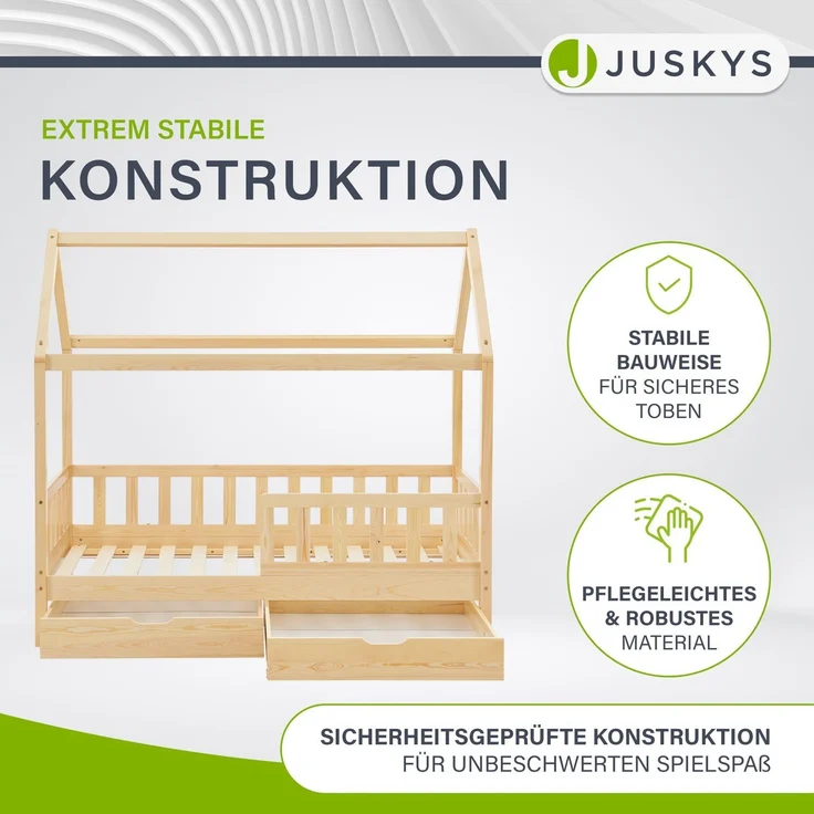Juskys 'Marli' Kinderbett, mit Matratze, Bettkasten, Rausfallschutz, Lattenrost & Dach - Massivholz Hausbett für Kinder - Bett in Natur, 80x160 cm – Bild 4