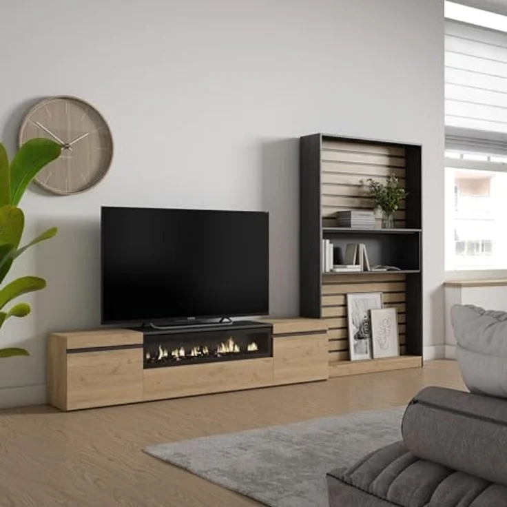 Skraut Home Wohnzimmermöbel für TV | Esstisch-Set | 210 x 186 x 35 cm | für Fernseher bis 80 Zoll | elektrischer Kamin | moderner Stil | Eiche und Schwarz – Bild 2