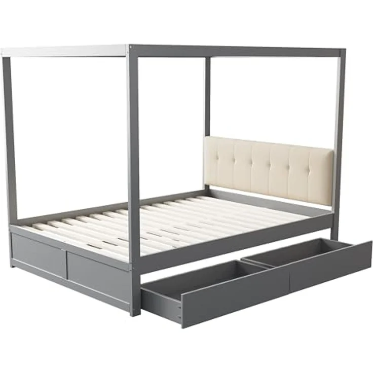 Ball & Cast Himmelbett 140 * 200 cm mit großen Schubladen und weicher Rückenlehne, Holz Bett Grau – Bild 7