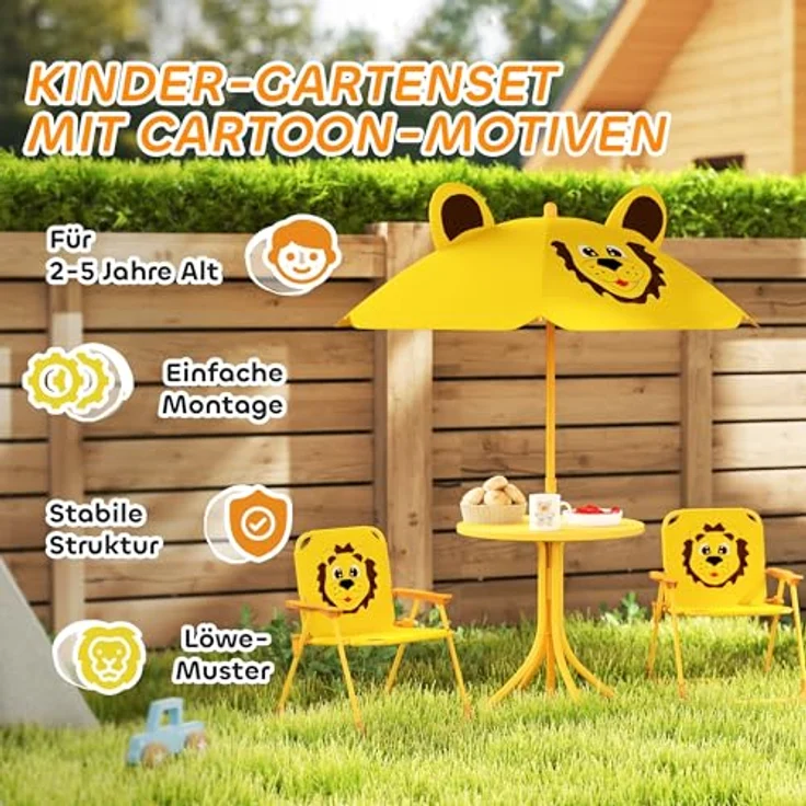 AIYAPLAY Garten-Kindersitzgruppe Kindersitzgarnitur mit höhenverstellbarem Sonnenschirm, (Gartentisch, 2 Klappstühle, 4-tlg, Löwen-Design für 2-5 Jahre Kinder), Gelb – Bild 7