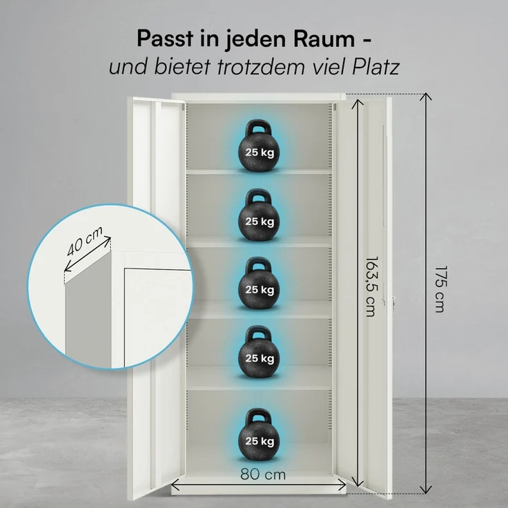 STEELSØN 'Regulus' Aktenschrank, Metall, weiß, 175x40x80 cm, abschließbar, Metallschrank mit 5 Fächern, geeignet als Werkzeugschrank – Bild 9