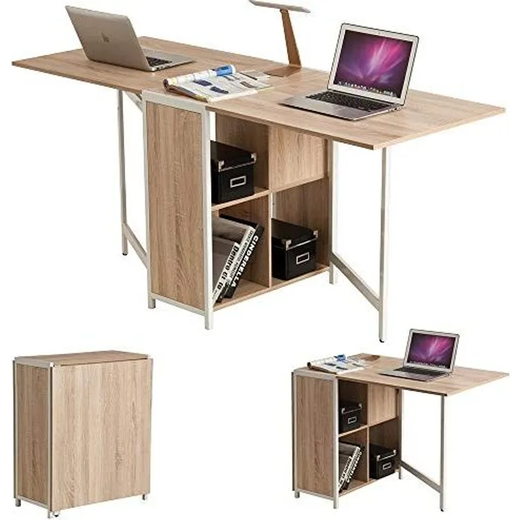BAKAJI Mehrzweck-Schreibtisch, klappbar, ausziehbar, mit Bücherregal, 4 Fächern und Ablagen aus Holz und Stahl, Farbe Beige