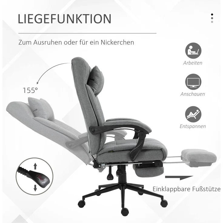 Bürostuhl Erogonomischer Schreibtischstuhl mit Liegefunktion, Kopfkissen, Armlehne, höhenverstellbarer Drehstuhl mit Fußstütze Leinenoptik Hellgrau--Hellgrau--120x76x66cm--YOUDENOVA – Bild 7