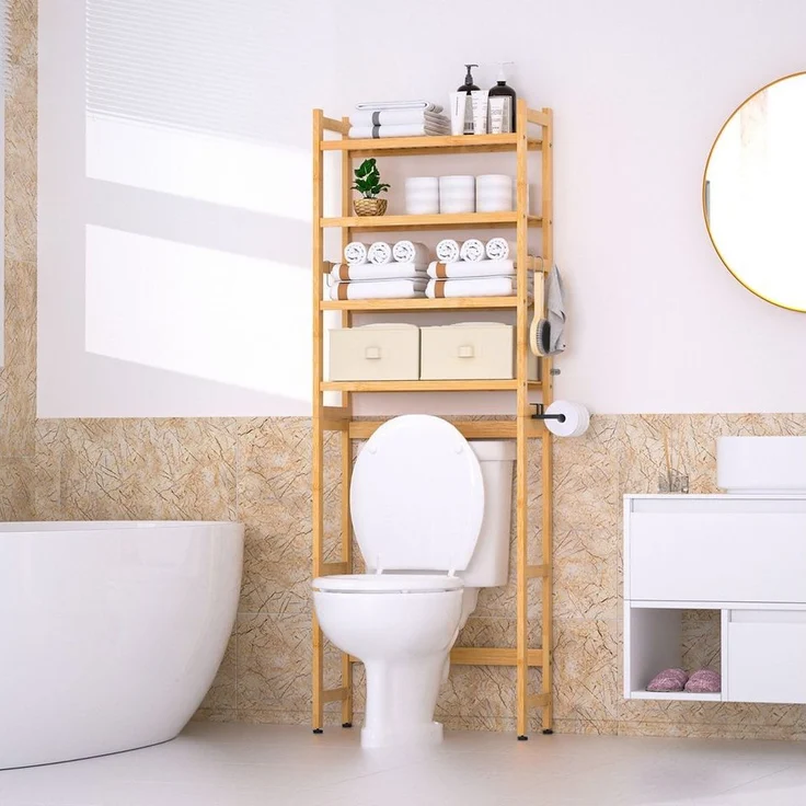 Yorbay Badregal Toilettenregal mit 2 Körben, Bambus WC Regal,59*23.3*166CM, Multifunktional Badezimmerregal,Platzsparend,Einfache Montage – Bild 2