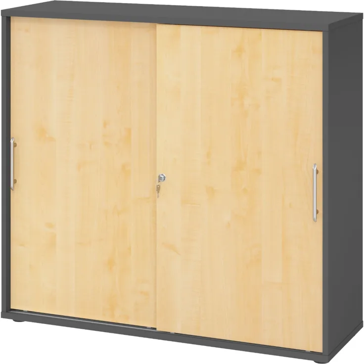 bümö Schiebetürenschrank 3OH - Aktenschrank abschließbar, Sideboard Schrank mit Schiebetüren in Graphit/Ahorn, Relinggriff - Büroschrank aus Holz mit Schiebetür, Büro Kommode für Ordner & Co, 1753S-G-3-RE
