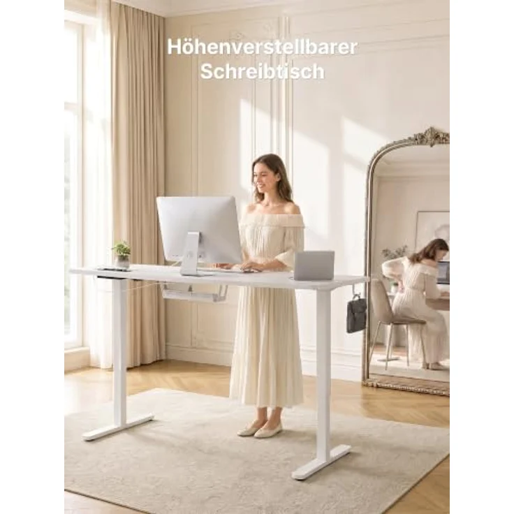 JUMMICO Höhenverstellbarer Schreibtisch 140x70 cm mit Steckdose | Schreibtisch Höhenverstellbar Elektrisch Stehtisch, Steh-Sitz Tisch, Bürotisch Computertisch, Wolkenweiß – Bild 2