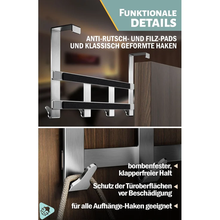 Aurelia Home XXL-Türgarderobe zum Einhängen, Edelstahl – bis 25 kg – Bild 6