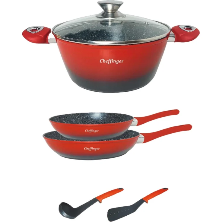 6 tlg Kochgeschirr Kochtopf Set Topf Pfanne Küchenhelfer Deckel Induktion Rot – Bild 1