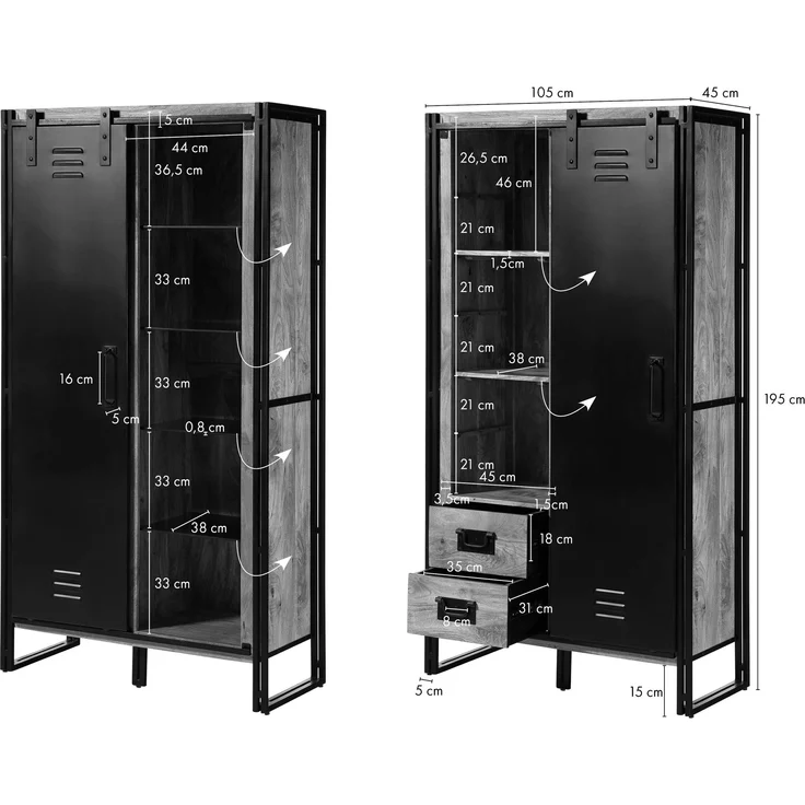 Wohnzimmerschrank Mango 105x45x195 natur klar lackiert / Metall schwarz BLACKBURN #104 – Bild 8