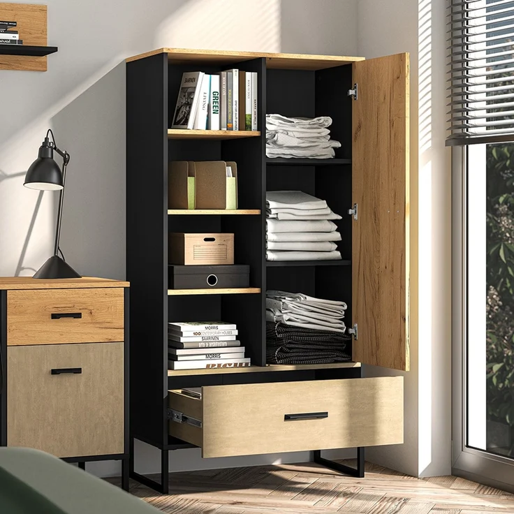 Highboard 80cm breit, schwarz mit Eiche und sandfarben, CASPER-131 – Bild 5