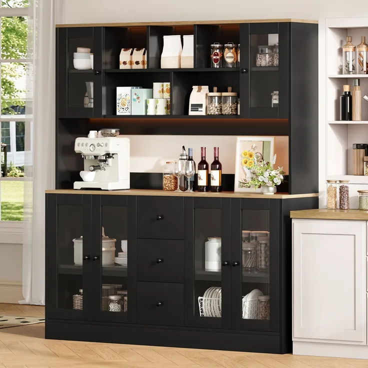 Küchenschrank, hoher Aufbewahrungsschrank mit LED-Beleuchtung und Steckdosen, Vorratsschrank mit 6 Acryltüren und 3 Schubladen, Vitrinenschrank für Wohnzimmer und Esszimmer, 150 × 40 × 173 cm--Schwarz + Natur--150x40x173cm--YOUDENOVA