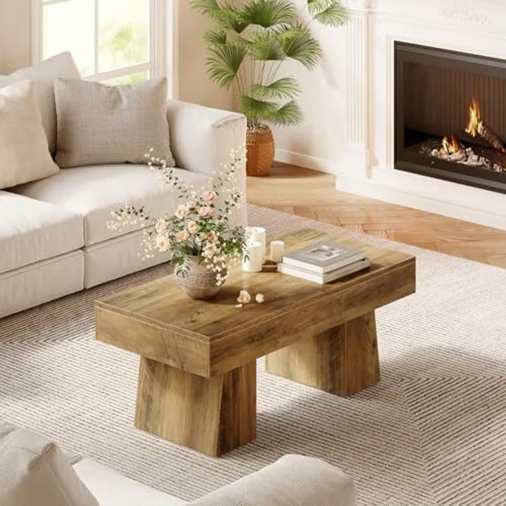 LITTLE TREE Farmhouse Couchtisch, 120 cm, rechteckiger Beistelltisch aus Holz mit massivem Sockel, Moderne niedrige Cocktail- und Teetisch-Möbel für das Wohnzimmer (rustikales Braun) – Bild 6