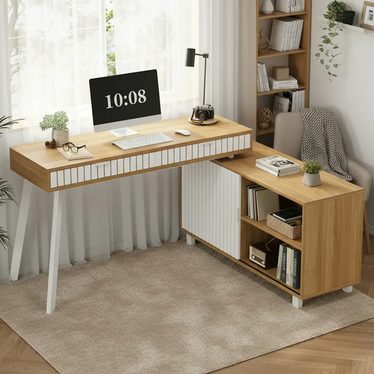 Flieks Schreibtisch, L-förmiger 160×120×76.5 cm, Eckschreibtisch mit 2 Schubladen & Schrank, MDF Bürotisch mit Stahlbeinen, Naturfarbe & Weiß