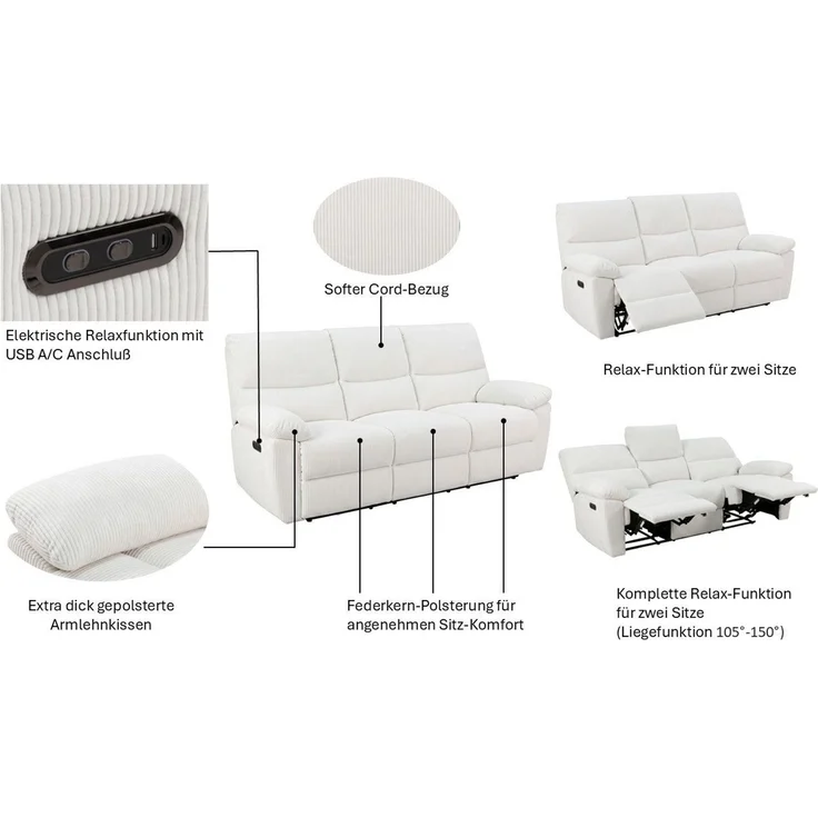 Home affaire 3-Sitzer LANNOY, manuelle o. elelektrische Relaxfunktion in 2 Sitzen, USB A/C, Elektrische Variante mit USB A/C. Federkern, Webstoff – Bild 3