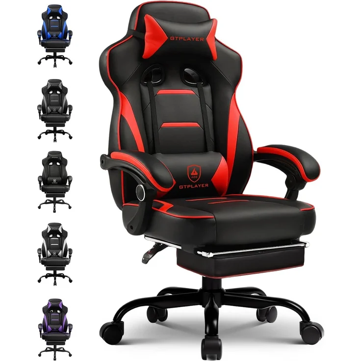 GTPLAYER Gaming Stuhl mit Fußstütze, Ergonomischer Bürostuhl 180kg, Schwerlast Gaming Sessel mit Lendenwirbelstütze und Kopfstütze, Höhenverstellbarer Computerstuhl, Gepolstert, neigbare 155°, ROT – Bild 1