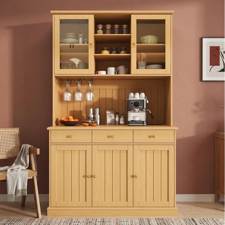 Buffetschrank mit Glastüren, Gläserhalter & USB-Anschluss, 120x40x191 cm, Naturholz