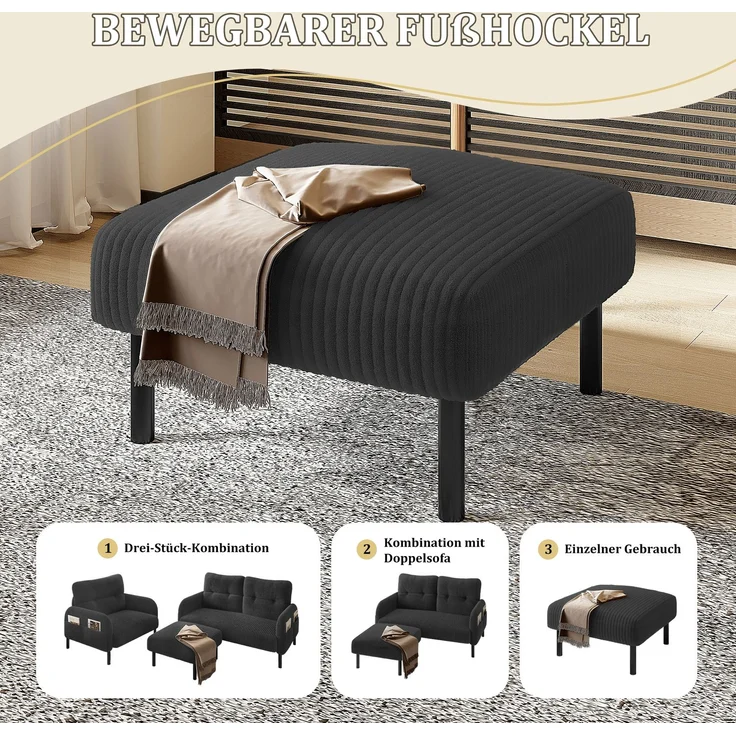 Fußhocker aus Cordstoff, moderner Polsterhocker mit stabiler Metallstruktur, weiche Polsterung & ergonomische Sitzhöhe,Grau – Bild 6