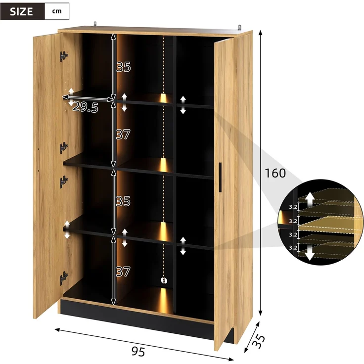 Vitrine 95x35x160 cm in Eichenoptik/Schwarz mit LED-Fach, 2 Türen und Soft-Close – Bild 5