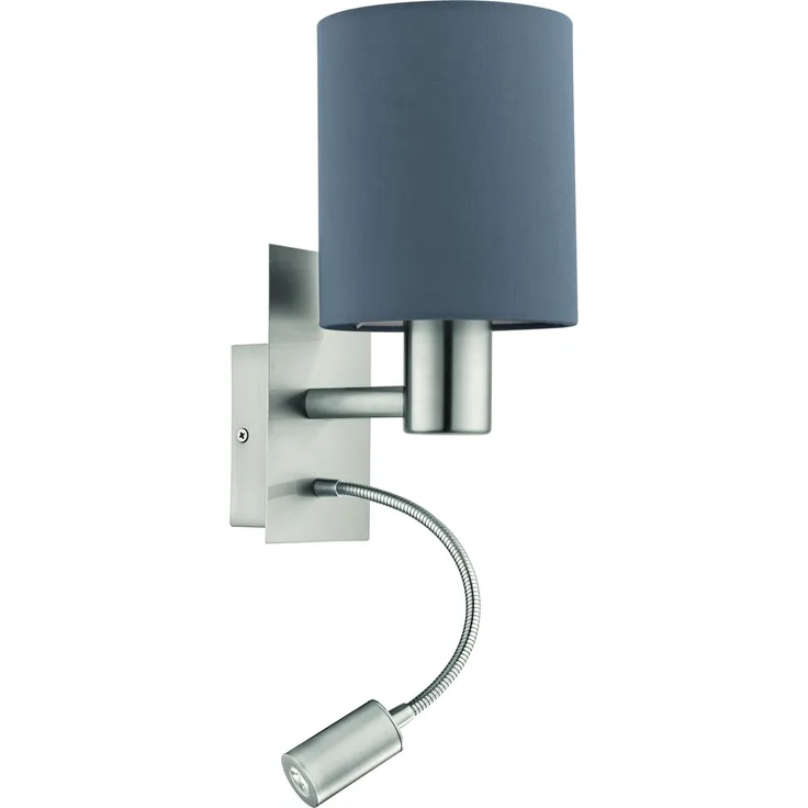 EGLO Wandlampe Bett Pasteri, Textil Wandleuchte Schlafzimmer mit LED Leseleuchte, Leselampe Wandmontage aus Metall in Silber und Stoff in Grau, E27 Fassung